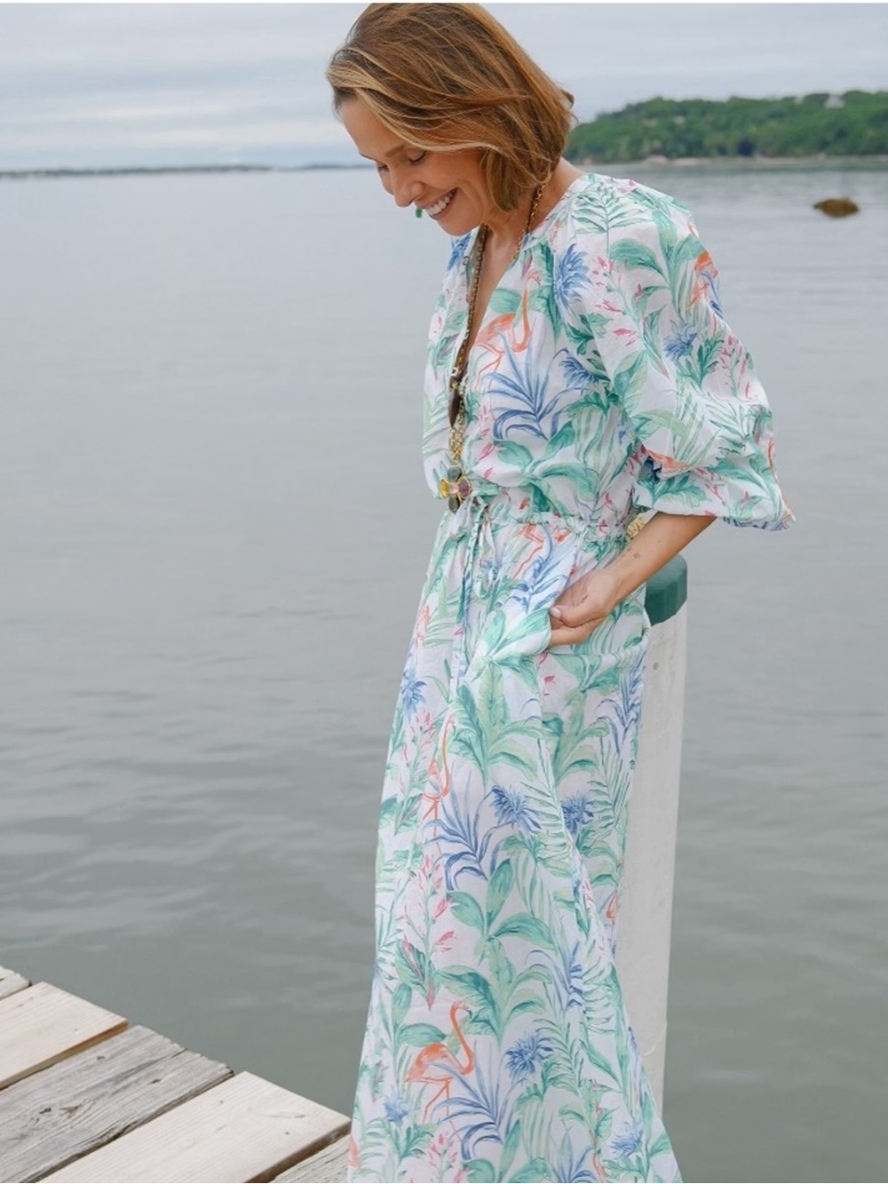 J.McLaughlin Daniella Dress Women's Tropical Botanical Tie-Waist Maxi Dress SzM